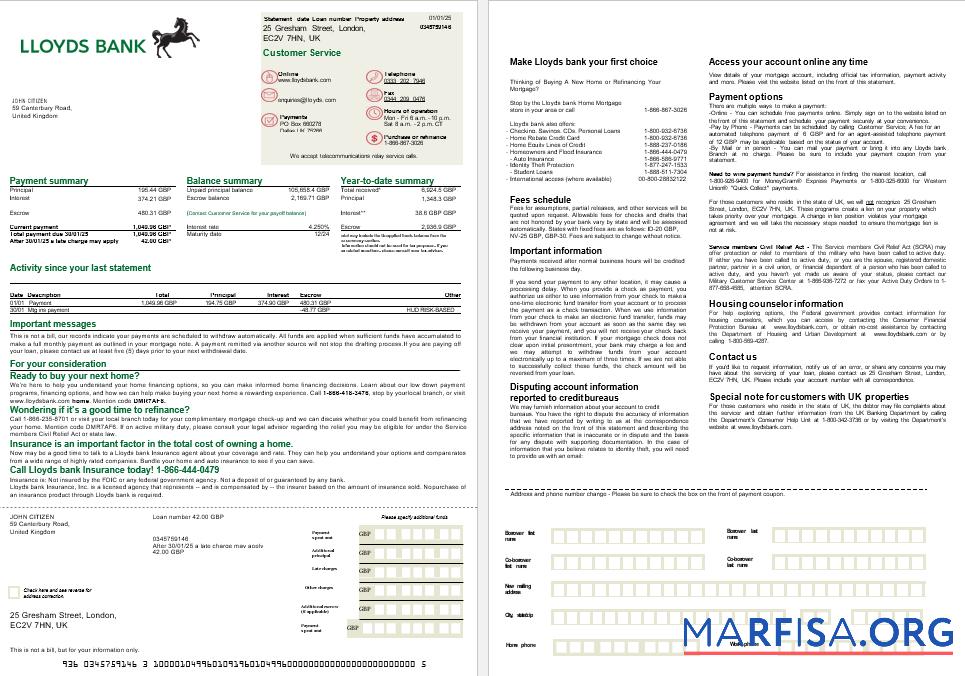 Realistic United Kingdom Lloyds bank mortgage statement in Word and PDF formats, 2 pages real example